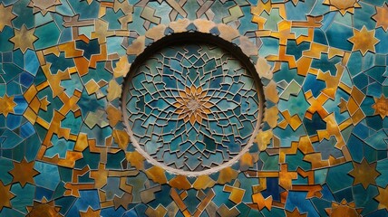 Poster - Colorful abstract mosaic design featuring intricate patterns and a central circular motif in vibrant hues