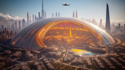 Aufkleber - A dome structure dominates a bustling megacity skyline, emphasizing sustainability through green architecture, improved air quality, and innovative technology in urban living.