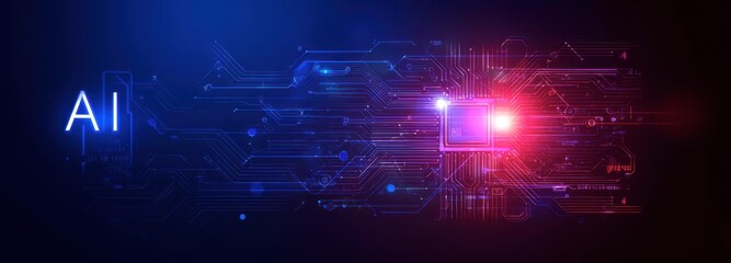 Poster - Banner computer chip circuit design and glowing nodes with artificial intelligence circuit board on blue background