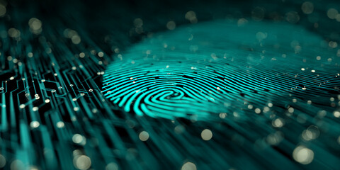 Poster - Teal fingerprint on circuit board background, digital identity concept, symbolizes security and technology, modern and futuristic design