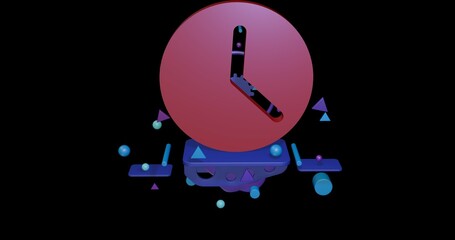 Poster - Red time symbol on a pedestal of abstract geometric shapes floating in the air. Abstract concept art with flying shapes in the center. 3d illustration on black background