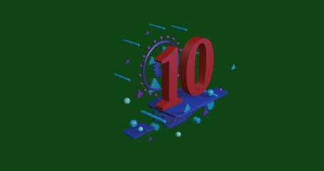 Poster - Red number ten symbol on a pedestal of abstract geometric shapes floating in the air. Abstract concept art with flying shapes in the center. 3d illustration on green background