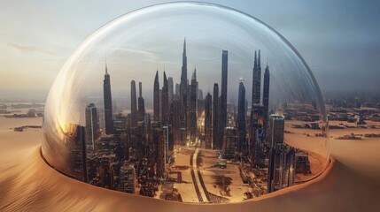 Aufkleber - A dome encapsulates a sprawling metropolis in a desert landscape, featuring innovative green spaces and smart city infrastructure focused on sustainability and enhanced air quality for residents.