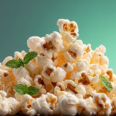 Poster - A mountain of fresh, fluffy popcorn adorned with vibrant green mint leaves, offering a sweet and savory snack on a bright, modern background.