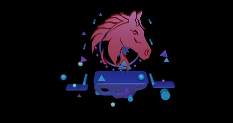 Poster - Red horse's head symbol on a pedestal of abstract geometric shapes floating in the air. Abstract concept art with flying shapes in the center. 3d illustration on black background