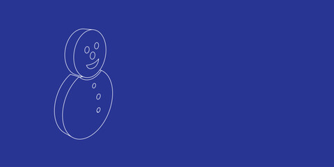 Poster - The outline of a large Christmas snowman made of white lines on the left. 3D view of the object in perspective. Vector illustration on indigo background