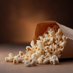 Poster - A brown paper bag with freshly popped and salted popcorn spilling out onto a wooden surface, against a blurred brown background.