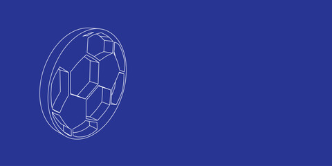 Poster - The outline of a large football symbol made of white lines on the left. 3D view of the object in perspective. Vector illustration on indigo background