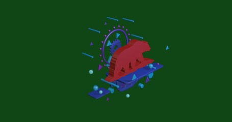 Poster - Red wild bear symbol on a pedestal of abstract geometric shapes floating in the air. Abstract concept art with flying shapes in the center. 3d illustration on green background