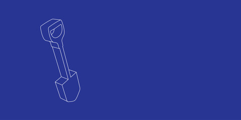 Poster - The outline of a large shovel symbol made of white lines on the left. 3D view of the object in perspective. Vector illustration on indigo background