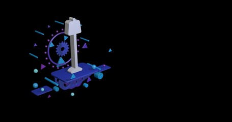 Poster - White floor lamp symbol on a pedestal of abstract geometric shapes floating in the air. Abstract concept art with flying shapes on the left. 3d illustration on black background