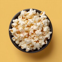 Aufkleber - Overhead view of a dark bowl filled with freshly made popcorn, sprinkled with a red spice on a light yellow background.