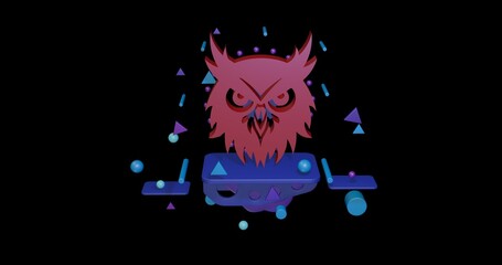 Poster - Red owl head symbol on a pedestal of abstract geometric shapes floating in the air. Abstract concept art with flying shapes in the center. 3d illustration on black background