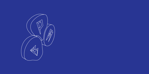 Poster - The outline of a large divination stones symbol made of white lines on the left. 3D view of the object in perspective. Vector illustration on indigo background