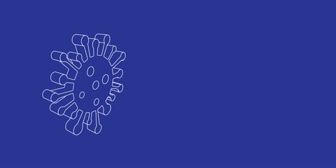 Poster - The outline of a large coronavirus symbol made of white lines on the left. 3D view of the object in perspective. Vector illustration on indigo background