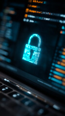 Poster - Close-up of laptop screen displaying glowing padlock icon within code, symbolizing digital security and data protection