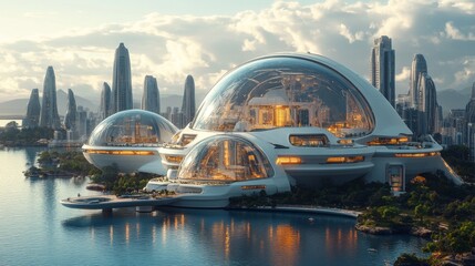 Aufkleber - A futuristic megacity is depicted with advanced dome structures promoting green living and renewable energy, emphasizing air quality and sustainability in an urban setting.