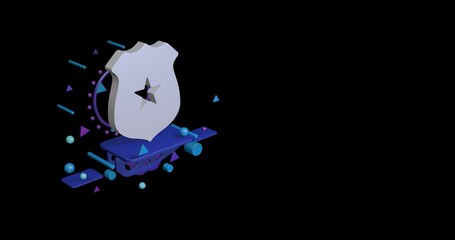 Poster - White police badge symbol on a pedestal of abstract geometric shapes floating in the air. Abstract concept art with flying shapes on the left. 3d illustration on black background