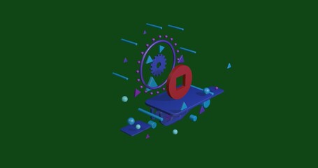 Poster - Red stop media symbol on a pedestal of abstract geometric shapes floating in the air. Abstract concept art with flying shapes in the center. 3d illustration on green background