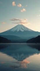 Poster - Serene Snow-Capped Peak Reflected in Calm Lake at Dawn, with Soft Clouds and Gentle Light