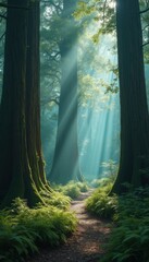 Poster - Forest pathway with sun rays filtering through tall trees, creating a serene and mystical atmosphere
