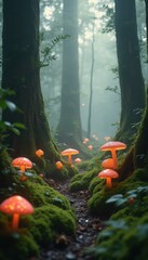 Poster - Enchanted Forest Path with Glowing Mushrooms on Mossy Terrain, Fantasy Landscape, Mystical Scenery, Ethereal Light, and Magical Atmosphere