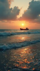 Poster - Tranquil Seascape at Sunset: A Fishing Boat Silhouetted Against the Glowing Horizon in Gentle Waves