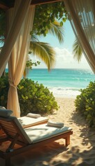Poster - Beach view from tropical cabana with turquoise sea, white sand, lounge chairs, and palm trees evoking luxury and relaxation.