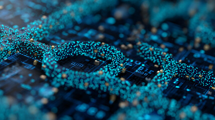 Fototapete - Abstract digital image of interconnected glowing blue nodes on a dark circuit board, showcasing technology, networking, and data flow concepts