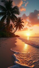 Poster - Tropical beach bathed in golden sunset light with palm trees and gentle waves lapping the sandy shore