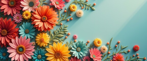 Aufkleber - Colorful daisies and floral decorations arranged in an eye-pleasing design on a light blue background