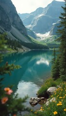 Poster - Scenic mountain lake with turquoise water, rocks, wildflowers, and evergreen forest framing a glacier capped peak.