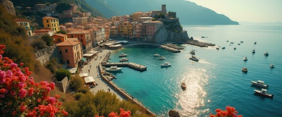 Poster - Picturesque coastal town nestled on cliffs, boats dotting the tranquil turquoise sea with vibrant floral accents.