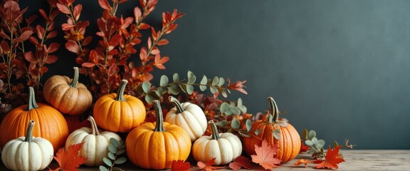 Poster - Autumn pumpkins and foliage still life arrangement for Thanksgiving and Halloween holiday celebration.