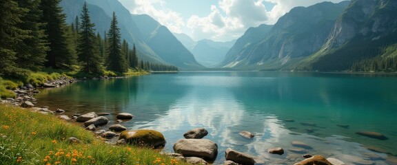 Poster - Serene Teal Lake Surrounded by Verdant Forest and Majestic Mountains on a Sunny Day