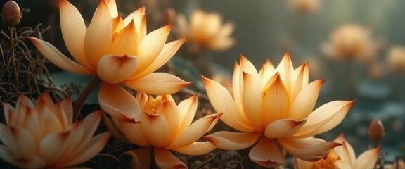Aufkleber - Serene lotus blooms with sunlight filtering through petals creating a tranquil and vibrant floral display.
