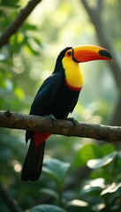 Poster - Majestic Channel-Billed Toucan Perched on Branch, Displaying Vibrant Plumage and Distinctive Bill in Lush Forest Setting