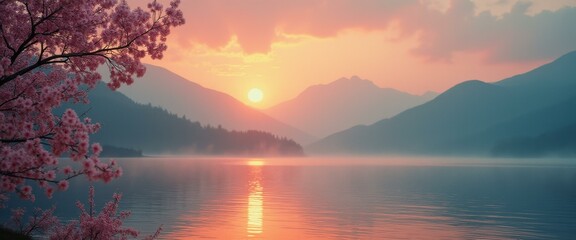 Poster - Serene Sunset over a Misty Lake Surrounded by Mountains and Blooming Cherry Tree
