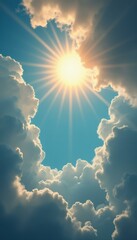 Poster - Bright sunlight shining through a vibrant blue sky framed by fluffy, ethereal clouds, creating a heavenly and uplifting atmosphere