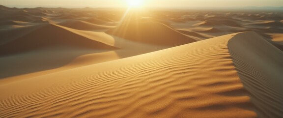 Poster - Serene Desert Landscape with Golden Dunes and Sunbeams, Ripples in the Sand