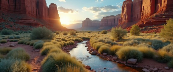 Poster - Scenic Desert Landscape with Red Rock Formations, Stream, and Lush Vegetation at Sunset or Sunrise