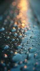 Poster - Abstract macro close up of water droplets on a textured surface with golden bokeh reflections