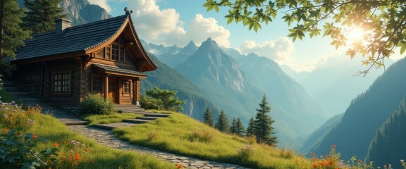 Aufkleber - Rustic wooden cabin nestled amidst lush green mountains, bathed in the warm sunlight of a clear summer day.