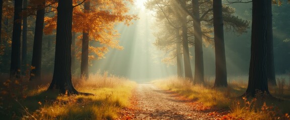 Poster - Autumnal Forest Path Bathed in Sunlight: A Serene Woodland Scene with Golden Leaves and Mist