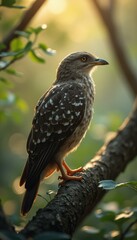 Poster - Elegant brown hawk-cuckoo bird with spotted plumage perched on a tree branch amidst warm, natural lighting