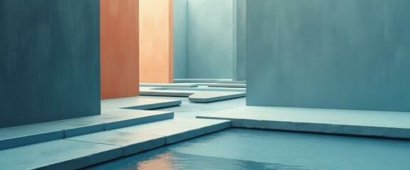 Poster - Minimalist dreamlike architectural space with water features in tranquil blue and orange tones, serene reflections and geometric design