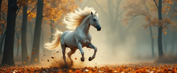 Poster - Majestic white horse gallops through a misty autumn forest with golden leaves.