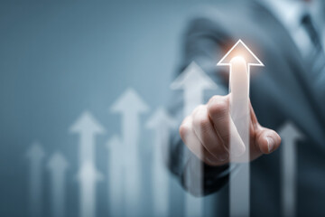 Poster - Close-up of hand interacting with glowing upward arrows, symbolizing growth, progress, and success in business, suitable for presentations or reports