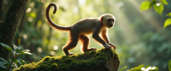 Poster - Young monkey explores a moss-covered forest perch, sunlit and curious