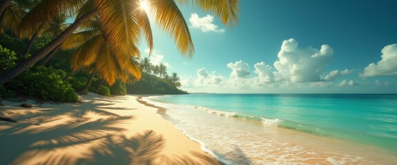 Poster - Tropical Beach Paradise: Palm Trees, Turquoise Ocean, White Sand and Gentle Waves on a Sunny Day